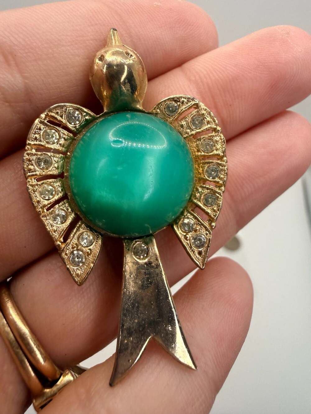 Vintage Gold Tone Green Jelly Belly Bird Brooch Pin